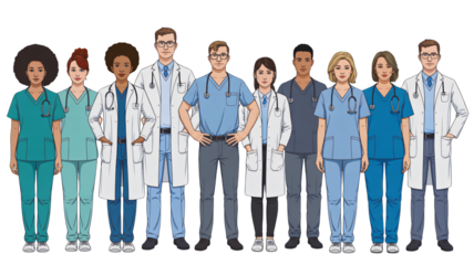 Diverse medical professionals standing strong together team work