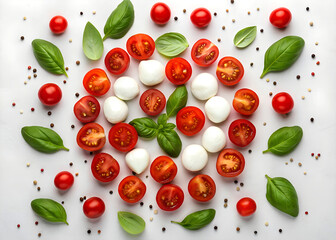 Fresh caprese salad ingredients arranged in a decorative pattern on white background