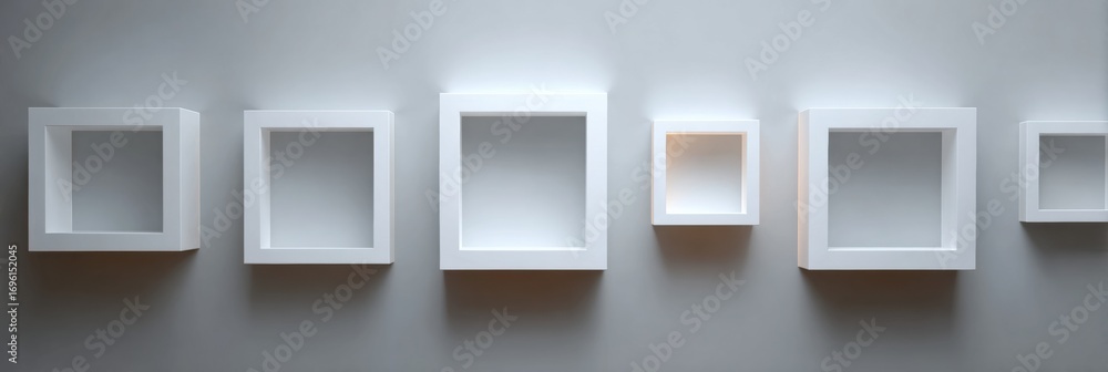 Poster modern minimalist wall display featuring various sizes of white boxes illuminated softly