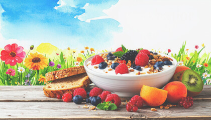 A vibrant yogurt bowl with fresh berries and granola on a rustic wooden table.
