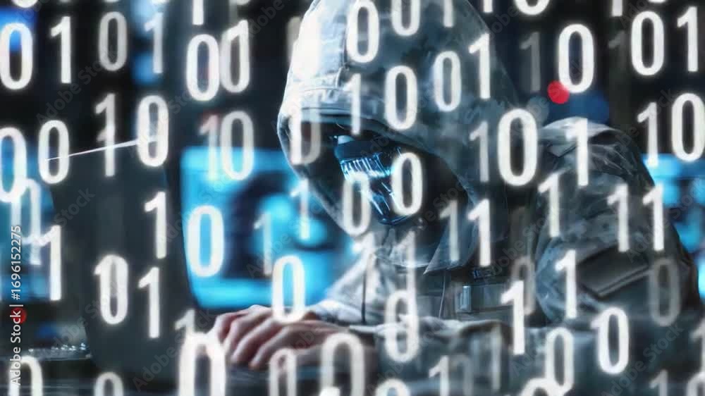 Poster a cyber hacker wearing a hooded jacket is intensely focused on a laptop surrounded by streams of bin