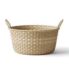 Obraz premium A woven basket with handles sits isolated on a clean white background, showcasing its natural texture and design