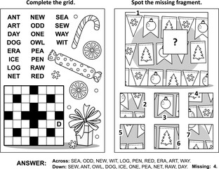 Christmas, New Year activity page with two puzzles. Fill-in crossword puzzle or word game. Spot the missing fragment of bunting flags pattern. Black and white. Answers included.
