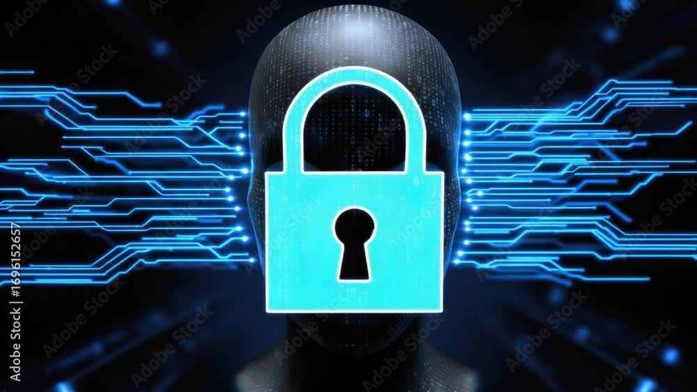 Poster a digital representation of a head with a padlock symbol covering the face, symbolizing privacy and 