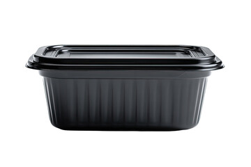 Black rectangular plastic food container with lid
