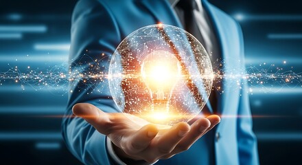 Businessman holding a glowing digital globe with data streams in a futuristic concept