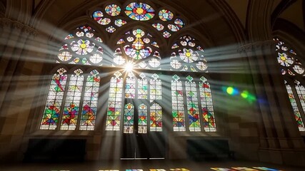 Sunlight streams through vibrant stained glass windows, illuminating a grand cathedral interior with colorful rays. - Powered by Adobe