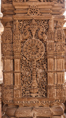 Beautiful Intricate  Carvings  on the Stone of Adalaj Stepwell, Amazing Details of Lotus Flower on the wall of Stepwell. 14th Century Monuments. Built in Vaghela Dynasty. Adalaj, Gandhinagar, Gujarat,