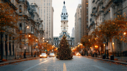 Fototapeta premium enchanting american city adorned with festive holiday banners and twinkling lights creates magical atmosphere