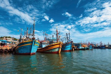 Obraz premium Colorful fishing boats docked in a harbor under a sunny partly cloudy sky