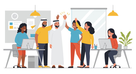 Diverse Office Team Celebrating Success with High Fives.