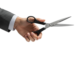 A well-groomed human hand in a grey suit sleeve precisely holds sleek stainless steel scissors with black handles on a clean minimalist background, concept of strategic decision-making
