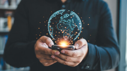 Global network technology concept man using smartphone with world map hologram connection data transfer