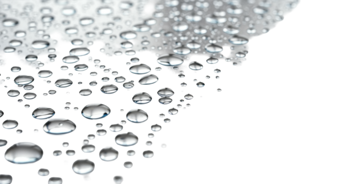 Crystal-clear water droplets, elongated and varying in size, rest on a high-gloss white reflective surface in a brightly lit studio with subtle refractions. Concept of ultimate purity