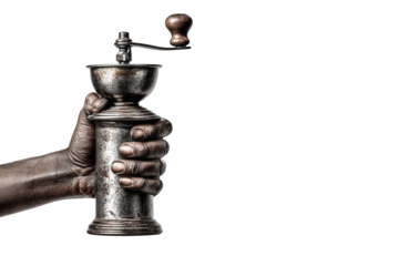 Close Up of a Weathered Hand Holding an Antique Coffee Grinder Against a Black Background