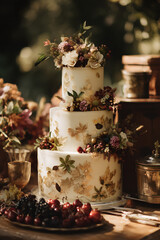 A rustic chic wedding cake in autumn theme