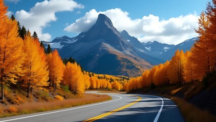 Scenic autumn drive on mountain road with fall foliage and mountain views for travel and tourism