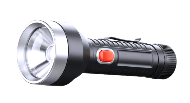 powerful led flashlight 3d model realistic design, bright beam, emergency light, isolated on transparent background