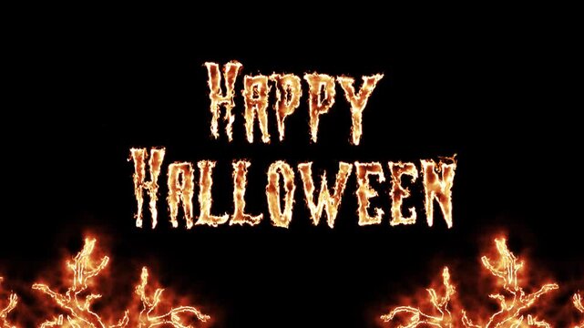 Halloween greeting animation with burning fiery Happy Halloween text on dark background, great for seasonal videos, intros, and celebration clips