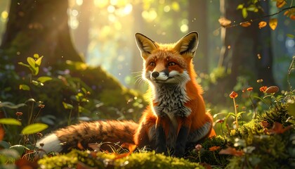 Serene red fox sitting peacefully on mossy ground in a magical, sun-dappled woodland scene