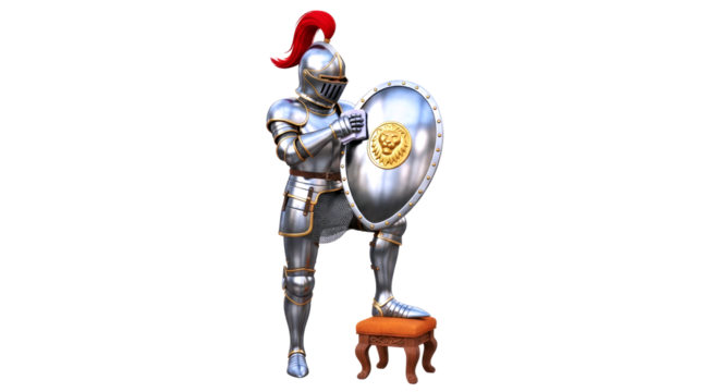 Medieval Knight in Full Silver Armor Holding a Shield, Standing on a Stool