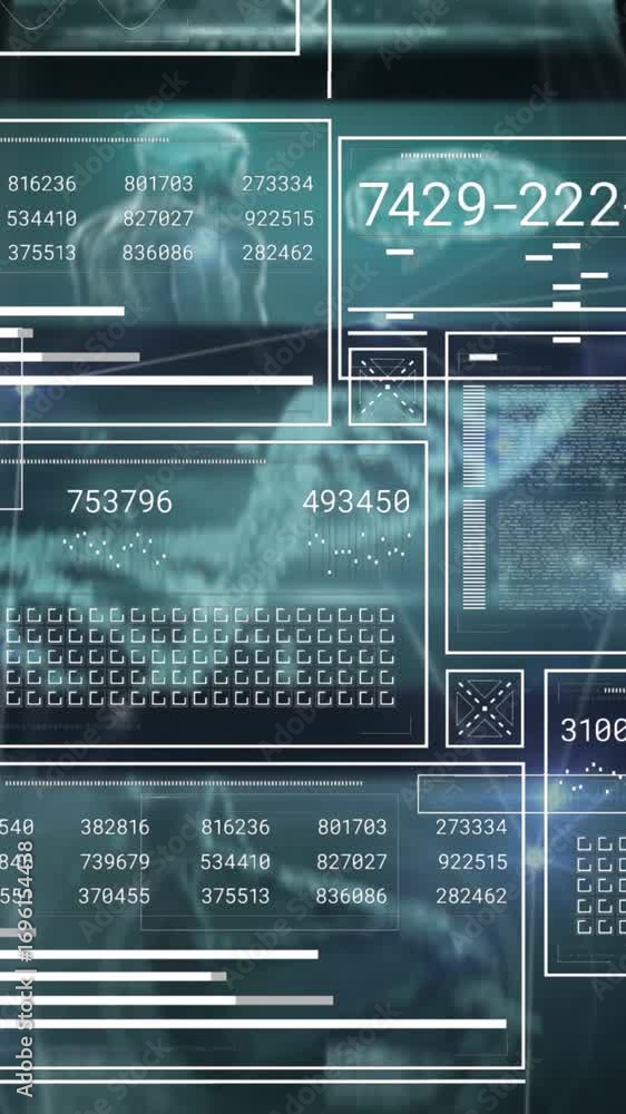 Poster animation of loading bars, circles, numbers, connected dots, graphs over multiple medical interfaces