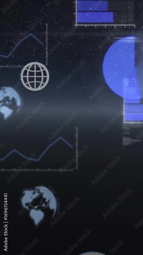 Aufkleber animation of multiple graphs, globes and computer language over stars in space