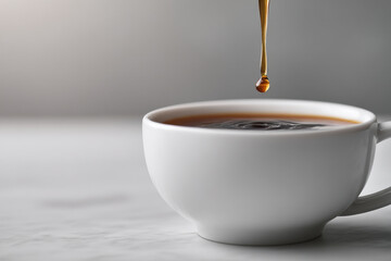 closeup of single drop of coffee delicately poised on rim of pristine white cup