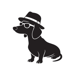 A playful silhouette vector illustration of a dachshund wearing sunglasses and a stylish hat.