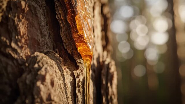 Golden resin drop on pine tree bark shows natural amber in sunny forest this beautiful organic sap is a great symbol of nature this is a very peaceful and warm outdoor scene