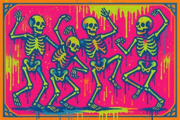 Neon skeletons dancing in sync. Use for Halloween promotions, nightclub posters, horror themed events, and festival marketing. 

