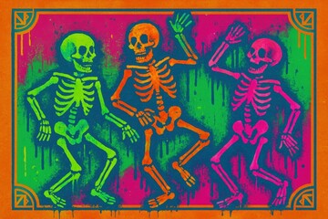 Trio of skeletons in bright neon. Use for Halloween marketing, concert flyers, dance club promotions, and festival celebrations. 
