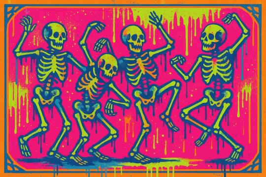 Neon skeletons dancing in sync. Use for Halloween promotions, nightclub posters, horror themed events, and festival marketing. 
