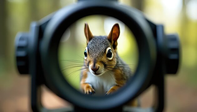 A close up of a squirrel looking through a rifle scope.