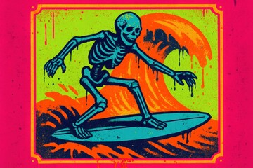 Halloween neon surfing skeleton illustration with glowing waves. Use for surf culture promotions, seasonal ads, event posters, and spooky party marketing. 
