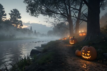 Haunted Riverbank Scene with Fog and Glowing Halloween Pumpkins