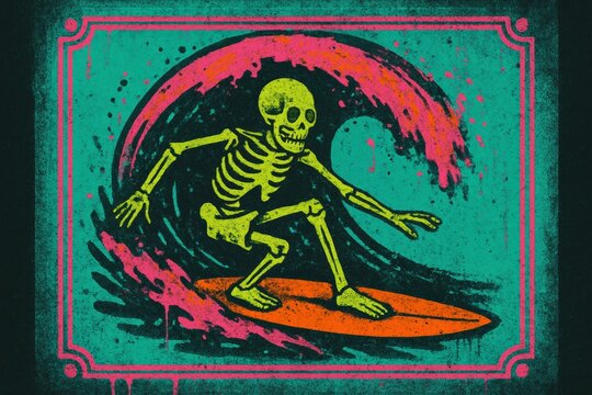 Skeleton surfing neon waves in Halloween theme poster. Use for seasonal marketing, extreme sports ads, surf shop promotions, and spooky event posters. 
 - Powered by Adobe