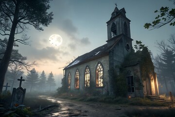 Creepy Haunted Church Scene with Moonlight and Broken Windows