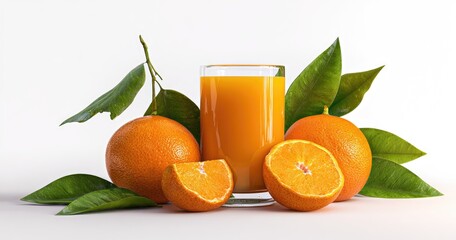 Fresh orange juice and oranges with leaves