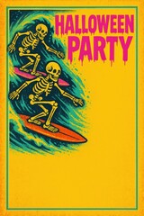 Obraz premium Retro neon skeletons surfing on glowing waves. Ideal for Halloween party posters, surf culture promotions, nightlife ads, and seasonal merchandise with strong copy space. 