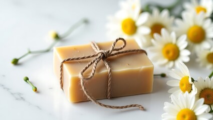 Natural handmade soap bar with chamomile flowers for skincare and aromatherapy treatment spa product
