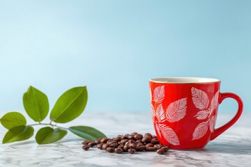 Red cup w leaf motif beans  green leaf on marble against blue