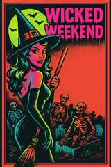 Obraz premium Witch standing in neon graveyard with skeletons. Use for party flyers, themed merchandise, seasonal advertising and spooky poster campaigns with copy space. 