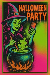 Obraz premium Neon witch selfie at cauldron with copy space. Use for Halloween party flyers, seasonal ads, spooky invitations and poster design. 