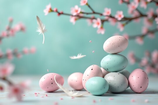 Pastel easter eggs with spring blossoms and feathers for easter holiday decoration ideas concept - Powered by Adobe