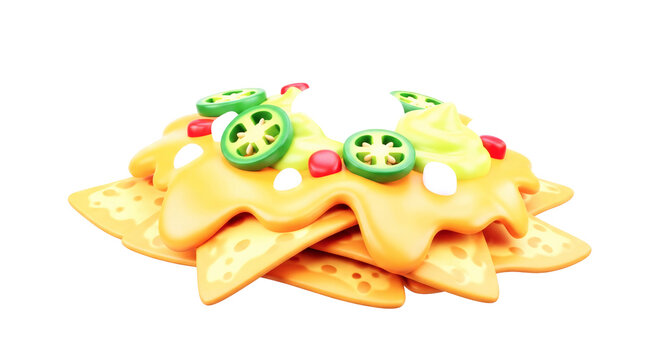Stylized Nachos Covered in Cheese, Jalape&ntilde;os, and Guacamole, Isolated 3D Render