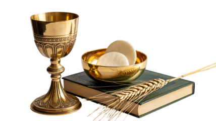 Golden chalice with hosts and wheat, a symbol of faith and tradition
