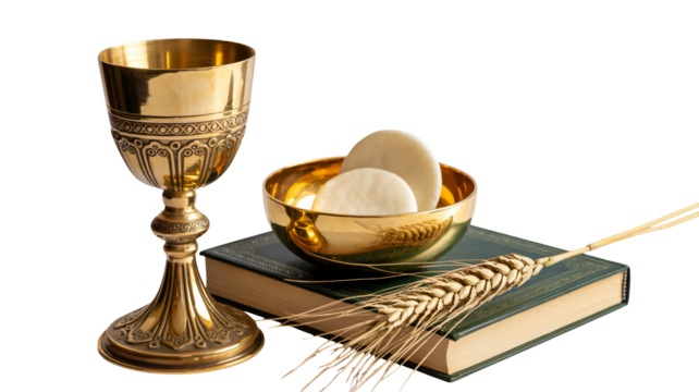 Golden chalice with hosts and wheat, a symbol of faith and tradition