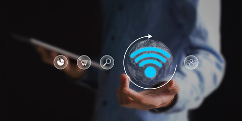 Use business smartphone with wifi icon, business communication social network concept.	