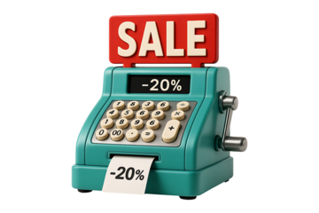 Retro Cash Register with Sale Sign Isolated on a Transparent Background